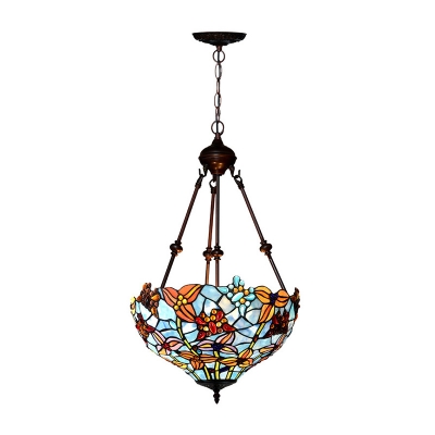 Stained Glass Blossom Chandelier Light Tiffany 2 Bulbs Blue/Red Down Lighting for Living Room