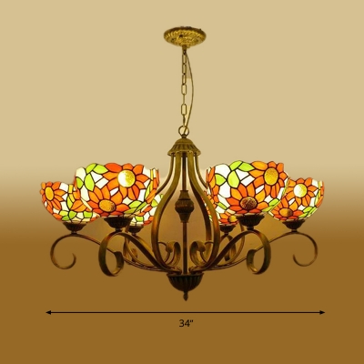 Sunflower Chandelier Lighting Tiffany Stained Glass 3/6/8 Lights Antique Brass Hanging Ceiling Light, 25.5