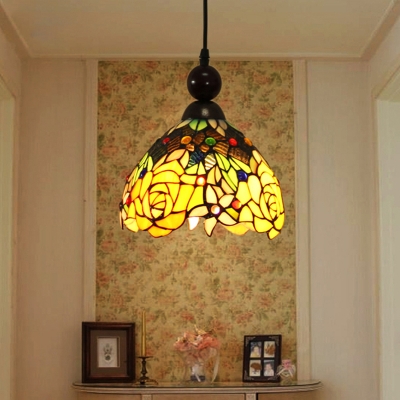 Tiffany Petal Pendant Lamp 1 Light Stained Art Glass Hanging Ceiling Light in Pink/Yellow for Corridor