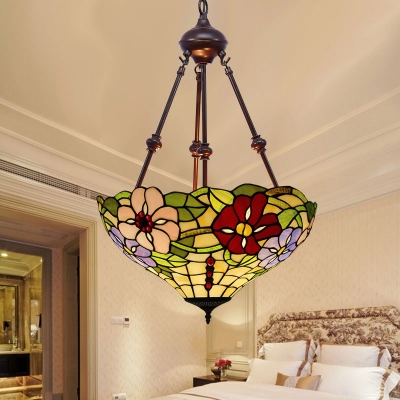 Tiffany-Style Rose Chandelier Light 2 Lights Cut Glass Suspension Lighting Fixture in Red/Orange/Yellow
