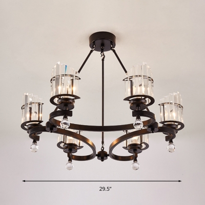 Tri-Sided Crystal Black Ceiling Chandelier Cylinder 6 Heads Contemporary Hanging Ceiling Light