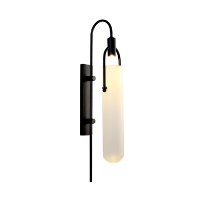 Tubular Sconce Light Modern White Glass 1 Head Black Wall Lighting Fixture with Metal Curvy Arm, 8.5