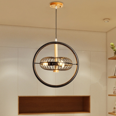 Vintage Wheel Cage Pendant Light 3 Lights Metal Chandelier Lamp in Black for Living Room