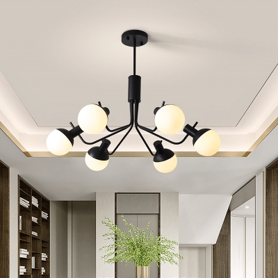 White Glass Ball Semi Flush Mount Modernist 6/8 Bulbs Ceiling Light Fixture in Black for Bedroom