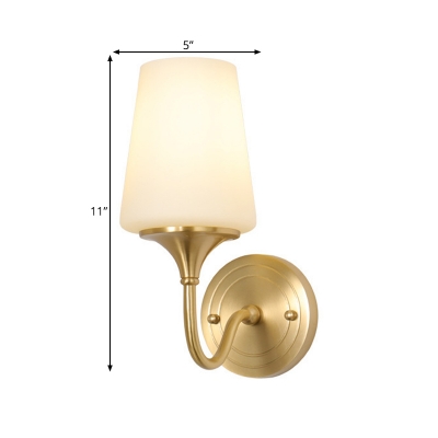White Glass Cone Wall Lighting Fixture Modern Style 1/2-Light Living Room Wall Mount Lamp in Brass