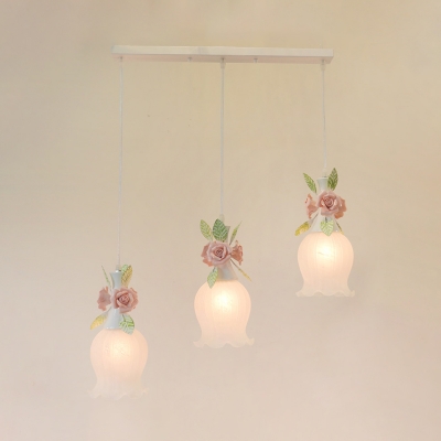 White Glass Rose Multi Light Pendant Pastoral 3 Bulbs Dining Room Suspension Lighting Fixture