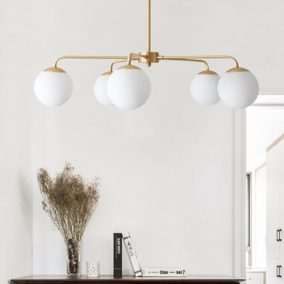 White Glass Spherical Ceiling Chandelier Modernism 5 Bulbs Hanging Pendant Light in Brass