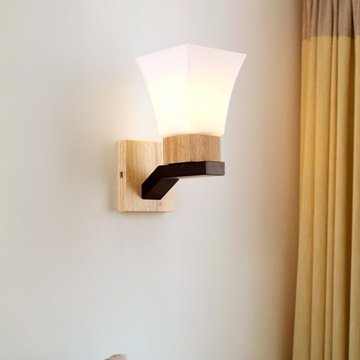 Wide Flare Wall Lighting Asian White Glass 1 Head Beige Sconce Light Fixture with Wood Backplate