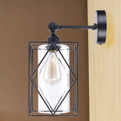 Wire Cage Wall Light Industrial Metal 1 Bulb Black Wall Sconce with Inner Cylinder Clear Glass Shade, Direct Wired Electric/Plug In Electric
