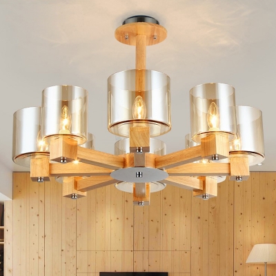 Wood Starburst Pendant Chandelier Asian 8 Heads Ceiling Hanging Light in Beige for Living Room