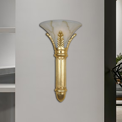 1 Head Wall Light Sconce Retro Style Trumpet Shade White Glass Wall Mount Lighting in Gold for Bedroom