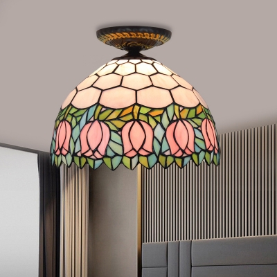 1 Light Flower Ceiling Lighting Victorian Green/Orange/Pink Stained Glass Flush Mount Light Fixture