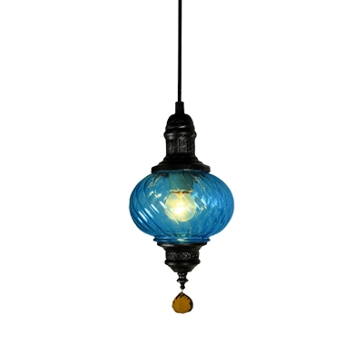 1 Light Restaurant Hanging Light Vintage Style Red/Blue/Green Pendant Lamp with Oval Textured Glass Shade