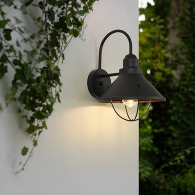 1 Light Sconce Light Fixture Vintage Cone Metal Wall Lighting in Black for Outdoor with Cage
