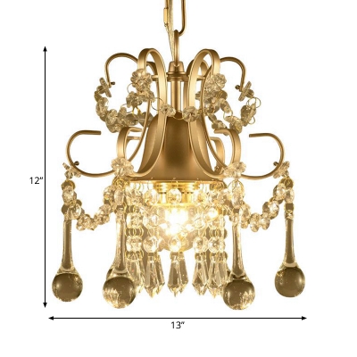 3 Lights Metal Chandelier Lamp Lodge Champagne Swooping Arm Living Room Ceiling Pendant with Crystal Ball