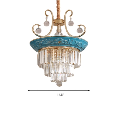 3 Tiers Dining Room Chandelier Light Traditional Three Sided Crystal Rod 3/5 Heads Blue Hanging Light Kit