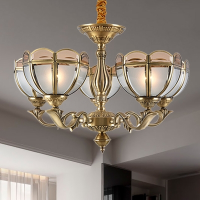 5/9 Heads Dome Chandelier Lighting Colonialist Opal Frosted Glass Hanging Pendant Light in Gold