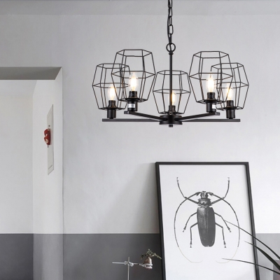 5 Lights Metal Chandelier Lamp Vintage Black Caged Living Room Ceiling Light Fixture