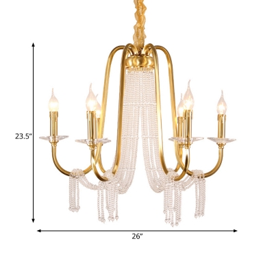 6 Lights Candle-Style Chandelier Light Fixture Rustic Gold Metal Pendant Lamp with Crystal Accent