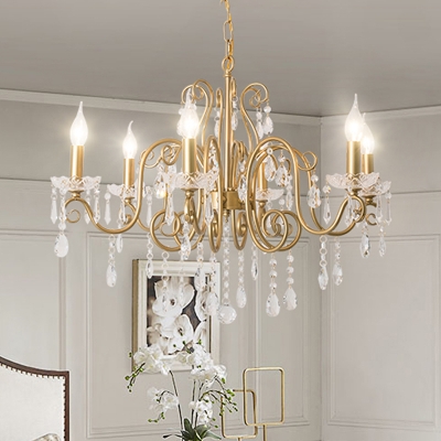 6 Lights Crystal Hanging Chandelier Minimalist Gold Candelabra Dining Room Pendant Lighting Fixture