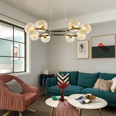 8 Bulbs Living Room Chandelier Lamp Modern Gold Hanging Ceiling Light with Globe Amber Glass Shade
