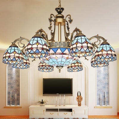 9/11 Lights Pendant Chandelier Tiffany Dome Shaped Hand Cut Glass Down Lighting in Blue for Living Room