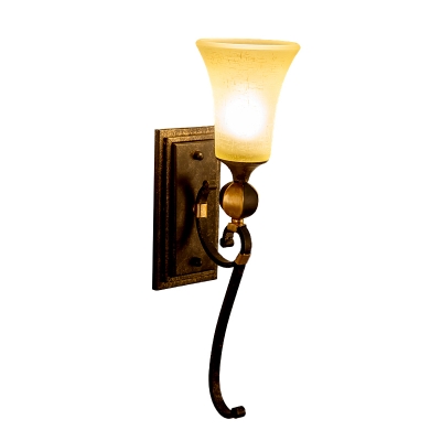 Antique Bronze Rectangle Wall Mount Lamp Lodge Metal 1 Bulb Corridor Sconce Light with Amber Glass Bell Shade