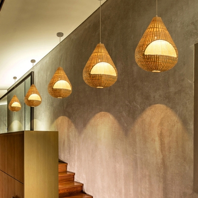 Bamboo Teardrop Shape Hanging Ceiling Light Asia 1 Light Pendant Lamp in Beige for Indoor