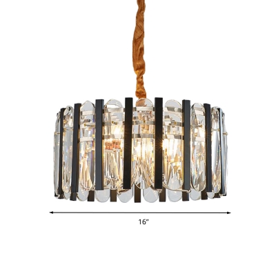 Black and Gold Drum Chandelier Light Modernism 6 Heads Crystal Block Pendant Lighting for Living Room