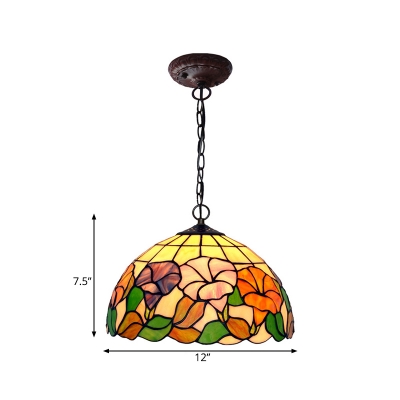 Blossom Suspension Pendant 1 Light Red/Pink/Yellow Stained Glass Mediterranean Hanging Light Kit for Dining Room