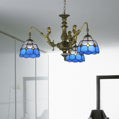 Blue Mermaid Chandelier Light Fixture Mediterranean 3/5/9 Bulbs Multicolored Stained Glass Pendant Lamp for Kitchen