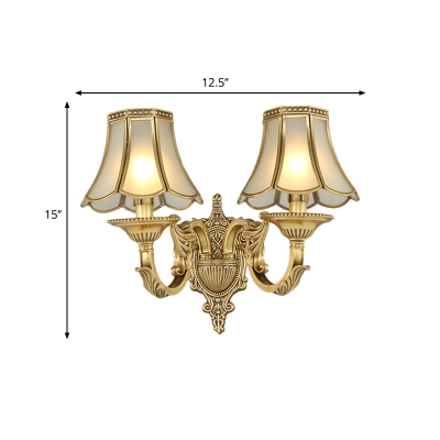 Brass 1/2-Light Wall Light Sconce Traditional Metal Flared Wall Mounted Lamp with Ivory Glass Shade