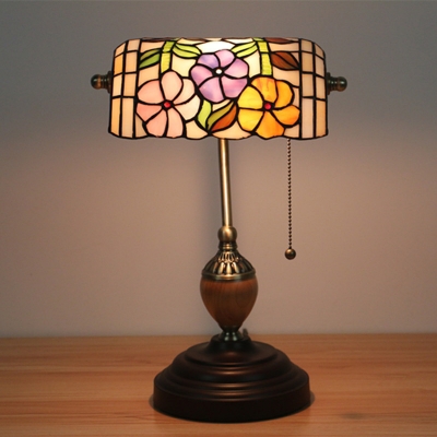 Brass 1 Head Banker Desk Lamp Victorian Stained Glass Rose/Blossom/Lotus Reading Lamp with Pull Chain