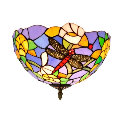Brass 2 Bulbs Ceiling Mount Light Fixture Tiffany Hand Rolled Art Glass Dragonfly Flush Mount Lighting