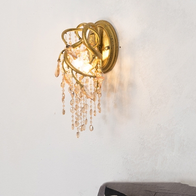 Brass 2 Bulbs Wall Lamp Traditional Clear Crystal Bead Raindrop Wall Sconce Light for Living Room