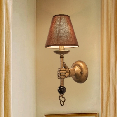 Brass Cone Wall Light Vintage Metal 1 Bulb Bedroom Sconce Lighting Fixture with Fabric Shade