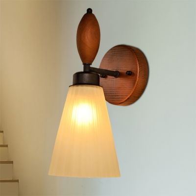 Cone Wall Light Traditional Stylish Frosted Glass 1 Head Living Room Sconce Lamp with Wooden Backplate in Red Brown