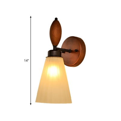 Cone Wall Light Traditional Stylish Frosted Glass 1 Head Living Room Sconce Lamp with Wooden Backplate in Red Brown