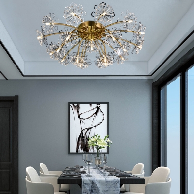 Crystal Beaded Dandelion Ceiling Lamp Postmodern 21 Lights Gold Semi Flush Mount Lighting