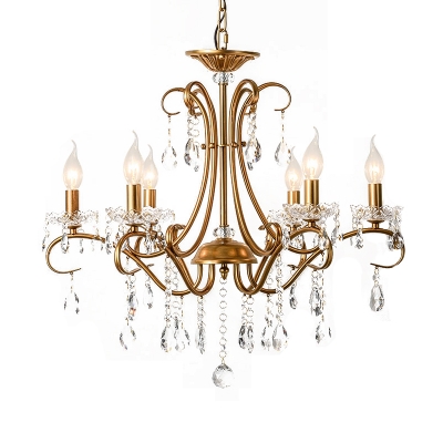 Curved Arm Pendant Chandelier Traditionary Metal 3/6 Heads Brass Ceiling Hanging Light with Clear Crystal Drop, 17