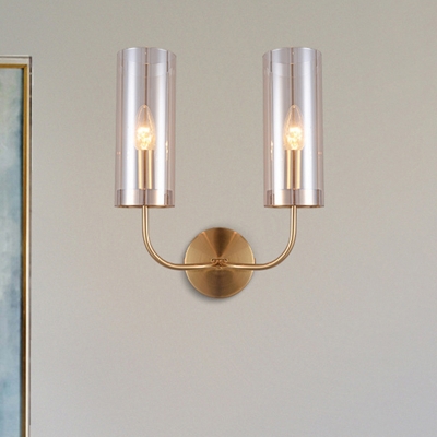Curved Arm Wall Lighting Modernist Metal 2 Bulbs Brass Sconce Light Fixture with Cognac Glass Shade