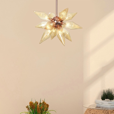 Diamond Amber Glass Chandelier Modern 9/12 Lights Rose Gold Ceiling Pendant Light for Living Room