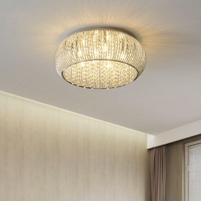 Drum Bedroom Flush Mount Light Crystal Strand 8 Lights Simple Style Ceiling Lamp in Chrome