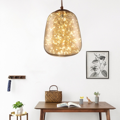 Elliptical Pendant Lighting Modernist Amber Glass LED Bedroom Hanging Ceiling Light