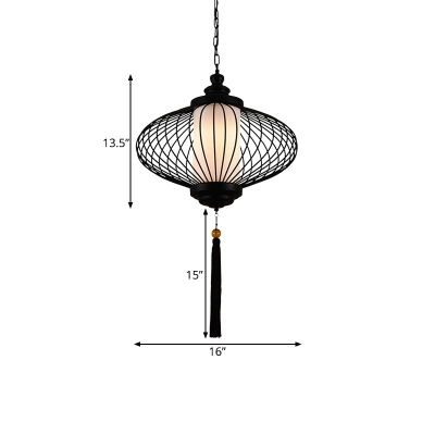 Fabric Black Pendant Lamp Lantern 1 Light Traditional Ceiling Hang Fixture for Living Room, 12