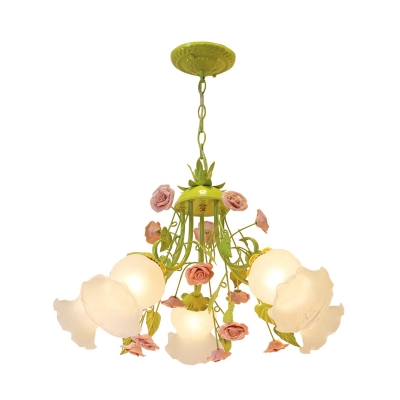 Floral White Glass Chandelier Light Countryside 5 Bulbs Living Room Pendant Lamp in Pink/Green