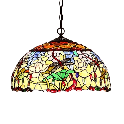 Flower Hanging Chandelier Tiffany-Style Red/Orange/Green Stained Glass 3 Lights Pendant Lamp for Dining Room