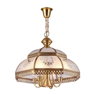 Frosted Glass Gold Pendant Chandelier Bowl 7 Lights Colonialism Ceiling Hang Fixture for Dining Room
