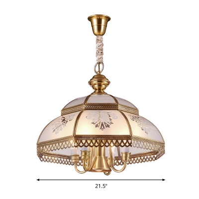 Frosted Glass Gold Pendant Chandelier Bowl 7 Lights Colonialism Ceiling Hang Fixture for Dining Room