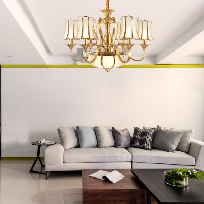 Gold 6 Heads Ceiling Chandelier Colony Metal Sputnik Suspended Lighting Fixture with Curved Frosted White Glass Shade